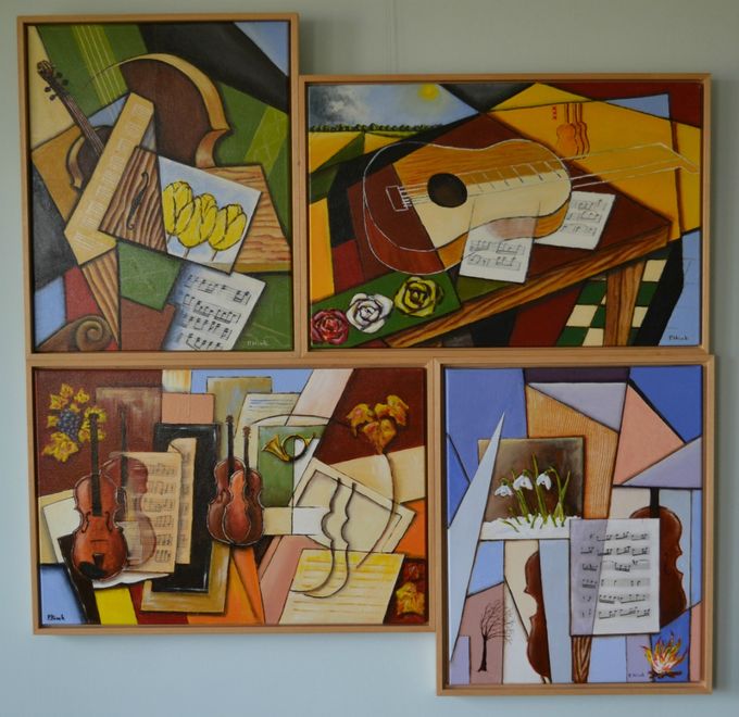 De hier afgebeelde en aan elkaar vast gekoppelde vier schilderijen zijn mijn weergave/visie op het muziekstuk van Antonio Vivaldi namelijk De Vier Jaargetijden. In een kubistische weergave.
